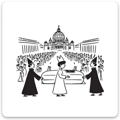 A respectful drawing of a papal funeral procession at Vatican City with cardinals, the papal coffin, and St. Peter's Square filled with mourners sticker