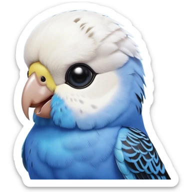 cinematic-cute-blue-budgie-portrait-emoji,-head-tilted-playfully-and-inquisitively,-featuring-a-brilliant-blue-feathered-fur-and white and black feathered face-with-a-natural-sheen,-round,-sparkling-dark-eyes-filled-with-curiosity,-simplified-yet-irresistibly-adorable sticker