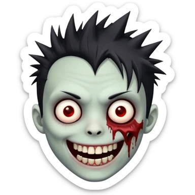 zombie boy with emo spiky hair, white skin, and white eyes; an open smile, and bloodied teeth; sticker