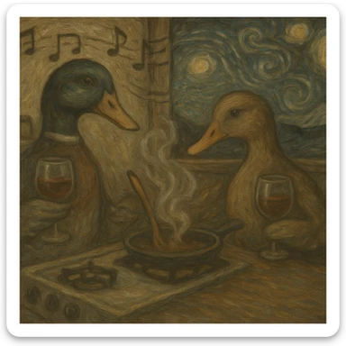 Make the colors less vibrant while keeping the Van Gogh–inspired style. Maintain the cozy kitchen scene with a male and female duck cooking, drinking wine, listening to music, and the Starry Night visible through the window. Preserve the 4:3 aspect ratio. sticker