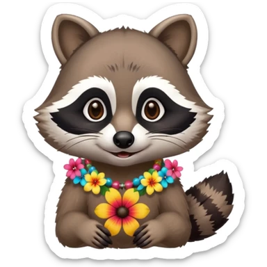 A playful raccoon wearing a hawaiian flower necklace, looking festive. sticker
