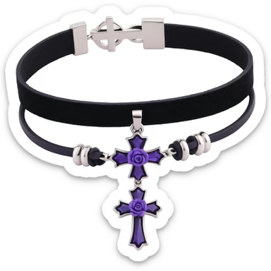 gothic bracelet with black velvet band, silver cross charm, purple rose accent, ornate and dark, matching the choker and earrings sticker