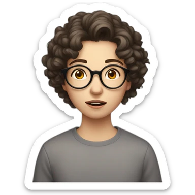 Shocked and Pale skinned teenager with short curly dark brown hair and circle glasses sticker