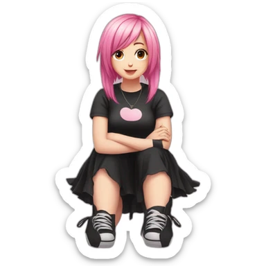 Full body Front view curvy emo girl pink hair sits on the floor straight view hands up black skirt белые трусики sticker