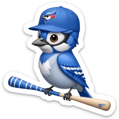 bluejay standing swinging bat with  toronto blue jays baseball hat sticker