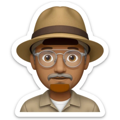 Brown man with wide rimmed hat no hair, but gray goatee, clear glasses and slightly smiling sticker