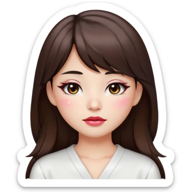 “japanese style Emoji brunette girl long hair with side bangs white top, dewy skin, heavy blush across cheeks and nose bridge, glossy cherry lips, soft eyeliner, teary sparkling eyes sticker