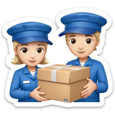 two suppliers in blue work uniforms wearing hat-style caps holding a big box together sticker