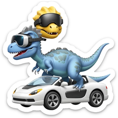 Dinosaurio  gris subido en un carro blanco tecnológico con lentes de realidad virtual sticker