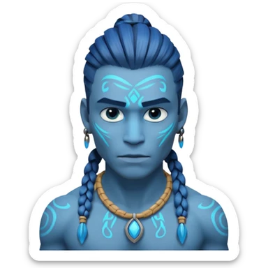 avatar-style Na’vi male portrait, head and shoulders only, blue skin, bioluminescent markings, strong face features, braided hair, tribal necklace, heroic expression, 3D cartoon, mobile game icon style, clean background, no text, no watermark
 sticker
