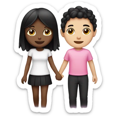 Emoji of a tan girl with black hair wearing pink and a white skin boy with black hair wearing black holding hands sticker