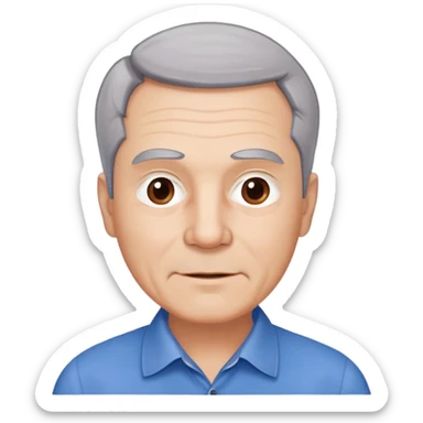 Older man with light complexion in his late 50s, round face, wide jaw, expressive brown eyes, thick eyebrows, short gray hair with visible hairline, friendly expression, wearing blue collared shirt sticker