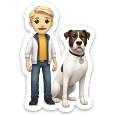 white male with dark brown hair and a lightly scruffy beard standing alongside a white pitbull sticker