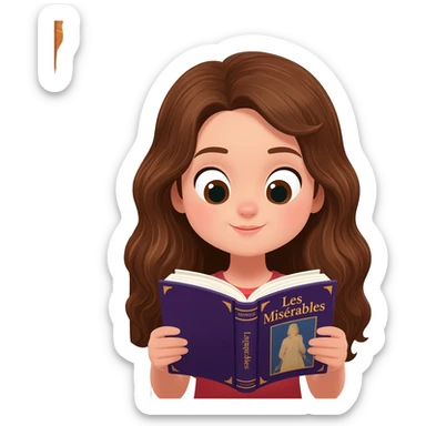 white happy long haired brunette girl reading Les mis sticker