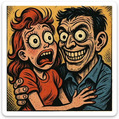 cartoon style girl with boyfriend, unsettling and exaggerated, comic book style sticker