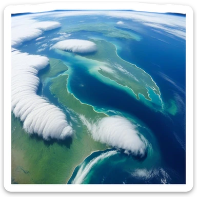 🌍 Cinematic Realistic Earth – A breathtaking, full view of Earth from space, showcasing vivid blue oceans, swirling white clouds, and lush green continents. The curvature of the planet is subtly illuminated by the sun, with a soft atmospheric glow enhancing its life-sustaining beauty. High detail, crisp textures, and realistic lighting bring out the planet's dynamic and ever-changing surface. sticker