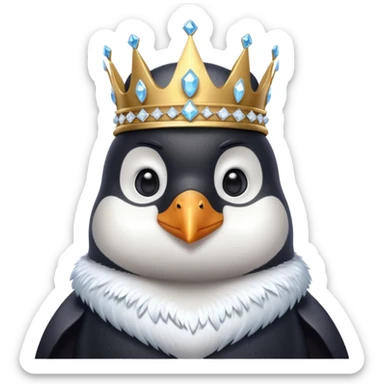 penguin king portrait, head and shoulders only, icy crystal crown, royal fur collar, cute serious expression, winter fantasy vibe, 3D cartoon, mobile game icon style, clean background, no text, no watermark
 sticker