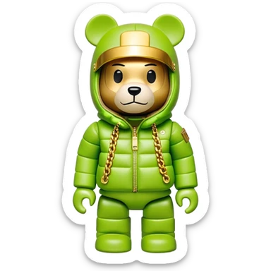 museum-quality bearbrick figure with perfect cubic proportions, lime green balaclava with seamless integrated golden visor lens, ultra-luxury designer down jacket with prominent branding and premium plush fur trim throughout, detailed gold chain accessories, fashion statement piece sticker