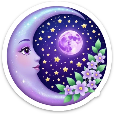 Beautiful poetic ethereal romantic magical aesthetic sparkly glittery shiny pretty floating pastel lilac lavender Violet moon and flowers and leaves aesthetic deco sticker