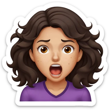 girl very dark brown wavy hair freckles tan skin color brown eyes screaming choking sticker