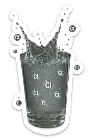 un bicchiere di acqua cade verticalmente dall'alto realistico e dettagliato, dentro l'acqua del bicchiere ci sono particelle di cloro ben visibili con la scritta "Cl" sopra, ci sono particelle anche che escono dal bicchiere e fluttuano in aria verticalmente, mentre alcune sono all'interno dell'acqua nel bicchiere, iperrealistico 4k sticker