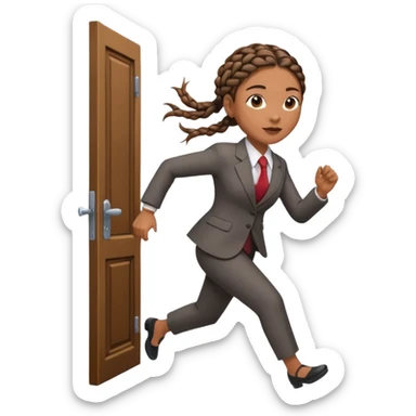 brown skinned female with braids in business attire running out of door sticker