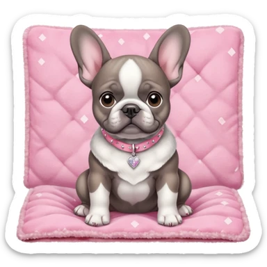 Gray French bulldog puppy sitting on fuzzy pink blanket, wearing an ultra realistic all diamonds collar sticker