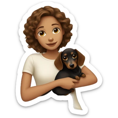 Brown wavy hair girl cuddling a small honey black dachshund sticker