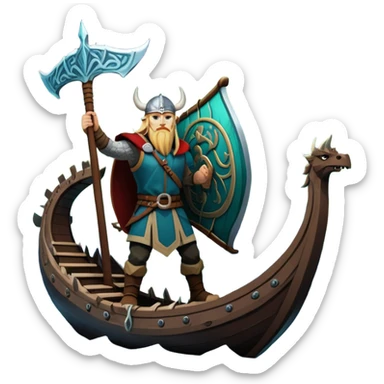 An icon representing an adventure game, inspired by Norse mythology. The design features a fierce Viking warrior standing at the prow of a dragon-headed longship, sailing through icy waters. Snow-capped mountains loom in the distance as the northern lights dance overhead, evoking a sense of conquest, mystery, and legend. Transparent background. sticker
