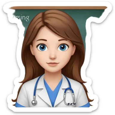 university classroom that says nursing school on the blackboard with a pretty female nursing student with long brown hair, blue eyes sticker