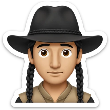Man wearing a black wide brim hat with a long nose with 1 braid of hair on each side of his face sticker