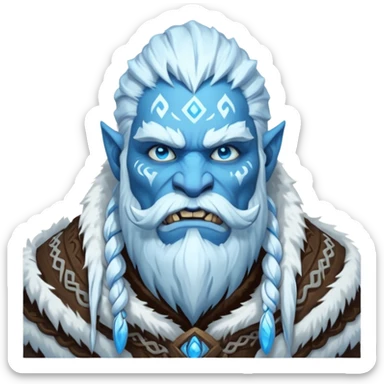 Legendary fantasy orc Christmas portrait icon, Frostfather and Snow Maiden inspired, primal winter god style, massive icy beard, glowing blue eyes, heavy fur coat, tribal frost runes, powerful brutal presence, blizzard atmosphere, clean stylized emoji icon
 sticker