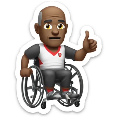 old black bald man with a round pot belly in wheelchair. angry face. grey stubble. he is pointing finger in front. wearing Arsenal soccer shirt. white word bubble sticker