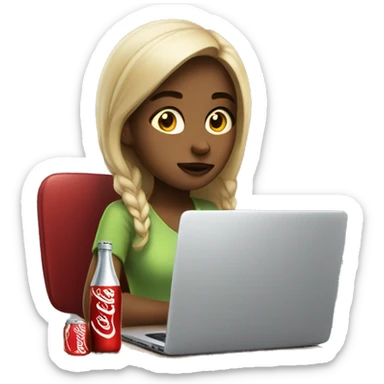 tired girl with laptop drinking coca-cola sticker