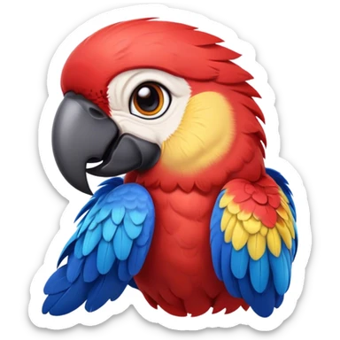 Cinematic Realistic Cute Macaw Portrait Emoji, Head tilted playfully and inquisitively, featuring a compact, lively build with intricately detailed, vivid scarlet and blue feathers and a charming, expressive face with round, sparkling eyes full of tropical wonder, rendered with realistic texture and vibrant natural hues, high shine, affectionate and spirited, styled with a touch of whimsical rainforest charm, soft glowing outline, capturing the essence of a mischievous yet lovable macaw that seems poised to flutter playfully into your arms! sticker