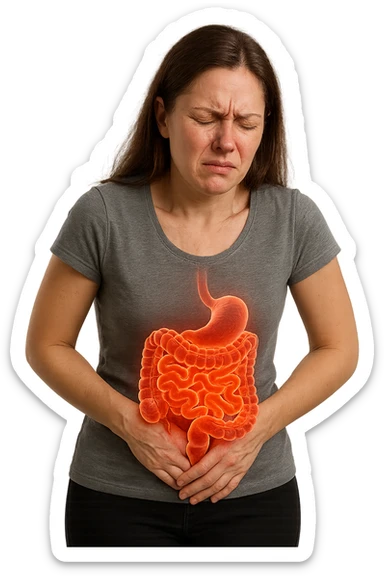 DONNA CON INTESTINO UMANO ANATOMICO IN EVIDENZA E MAL DI PANCIA, iperrealistico 4k, SFONDO BIANCO sticker