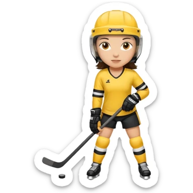 Girl hockey player with yellow and black jersey full body brunette with helmet sticker