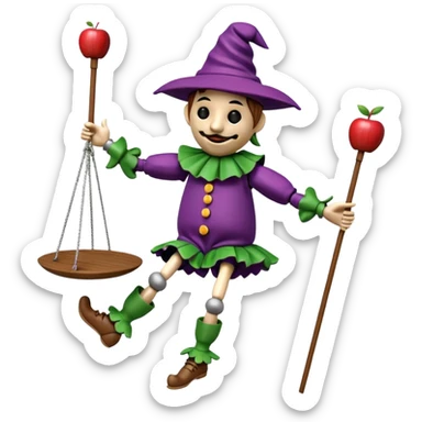 3D render of Jester Puppet as a wooden marionette puppet, Floppy hat, strings on hat, silver metal screw joints at elbows and knees, polished brown wood texture, rigid toy pose, Apple emoji style, isolated on white background --v 6.0. sticker