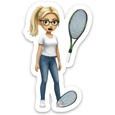 blond and very white tall german girl wearing jeans and normal clothes. She wear glasses and her hair with a bun.  She holds a tennis racket at hand and her face expression is scared sticker