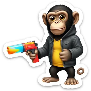 Chimpanzee in a hoodie with a squirt gun sticker