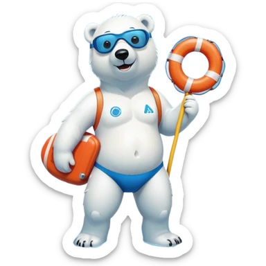 full body friendly anthropomorphised polar bear wearing swim suit with board shorts below the knee and scuba goggles, holding a life buoy, standing in a puddle sticker