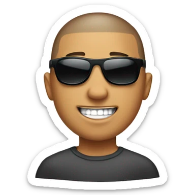 A boy with a buzzcut with sunglasses wearing tooth caps sticker