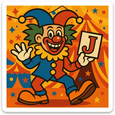 Add a festive circus background to the funny joker clown playing card character, keeping the wild and lively mood. sticker