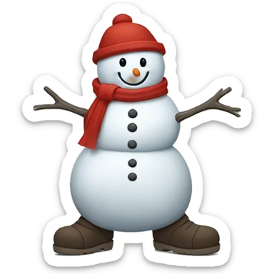 A snowman trying not to melt wearing a red trench coat and snow boots sticker