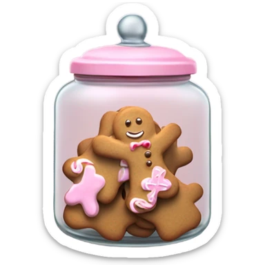 Realistic glass cookie jar with light pink lid full of gingerbread cookies isolated.  sticker