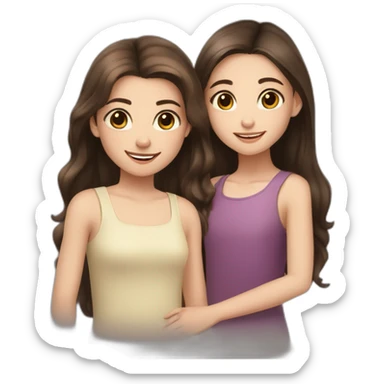 pale tween girl with brown hair and brown eyes and long eyelashes standing with her arm around another pale girl with dark shoulder length hair and dark brown eyes both girls smiling sticker