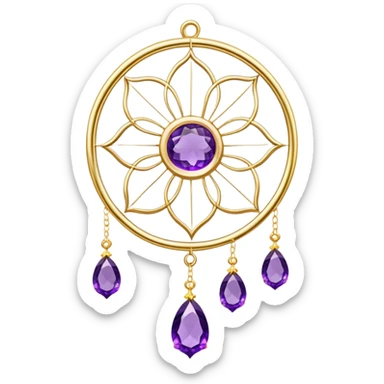 Epic beautiful gorgeous cute gold suncatcher, threads with shiny sparkly amethyst gemstones, flowers sticker