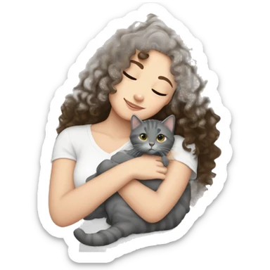 White Girl curly brunette hair cuddling with grey cat sticker