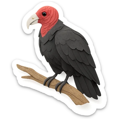 close-up of a turkey vulture perched on a tree branch, fine paper edges, wrinkled red skin, dark plumage sticker