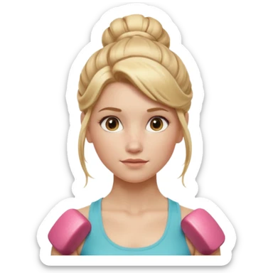 Cinematic Realistic Workout Girl Portrait, depicted with lifelike skin texture, subtle rosy undertones, and soft natural lighting that enhances the gentle contours of her face. Her intricately detailed golden blonde hair is elegantly styled in an updo, sticker